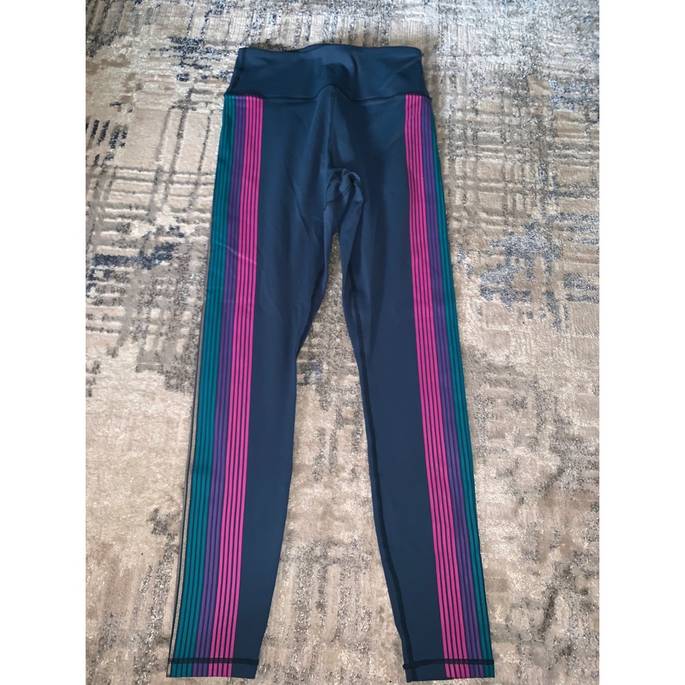 Spiritual Gangster Womens Teal Blue Rainbow Side Stripe High Waist Leggings M
